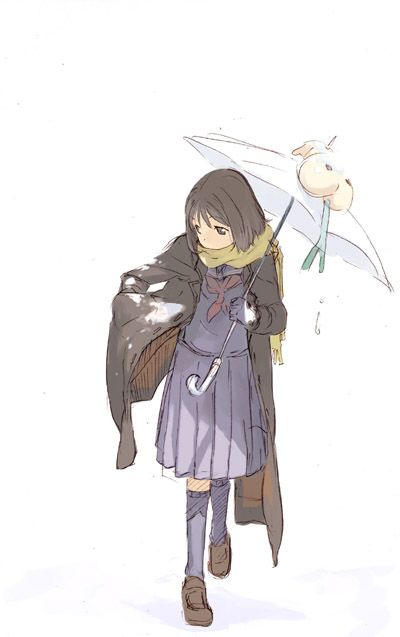 black hair, coat, jacket, kneehighs, scarf, school uniform, serafuku, short hair, snow, socks, solo, spring onion, umbrella
