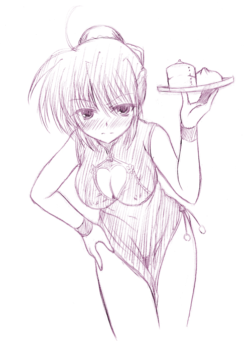 johnny (from scratch), signum, lyrical nanoha, mahou shoujo lyrical nanoha, mahou shoujo lyrical nanoha strikers, french braid, >:|, 00s, 1girl, :|, ahoge, alternate costume, alternate hairstyle, annoyed, bamboo steamer, bare shoulders, blush, braid, breasts, bun cover, china dress, chinese clothes, cleavage, cleavage cutout, closed mouth, clothing cutout, covered erect nipples, cowboy shot, dress, embarrassed, female focus, floral print, food, hair between eyes, hair ribbon, hair up, halterneck, hand on own hip, hand up, heart cutout, holding, holding tray, leaning forward, legs together, medium breasts, monochrome, nose blush, pelvic curtain, ribbon, short hair, side slit, sidelocks, simple background, sketch, sleeveless, sleeveless dress, solo, standing, steamed bun, tray, turtleneck, v-shaped eyebrows, waitress, wristband
