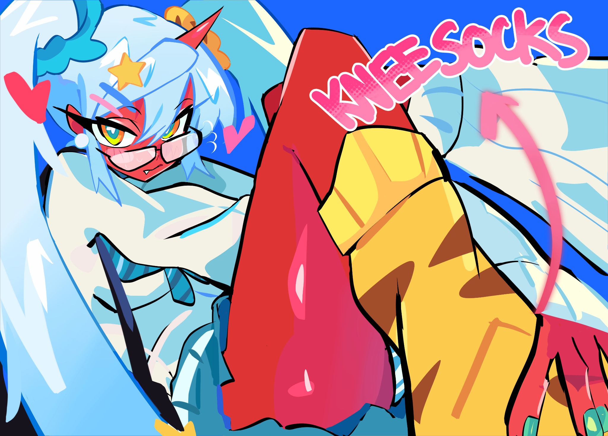 gatchipon, kneesocks (psg), panty & stocking with garterbelt, commentary, highres, 1girl, blue background, blue skirt, blush, character name, closed mouth, colored skin, fang, glasses, green nails, gyaru, heart, horns, kneehighs, long hair, looking at viewer, panties, pantyshot, red skin, simple background, skirt, socks, solo, twintails, underwear, white hair, yellow eyes
