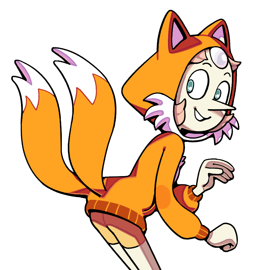 discount-supervillain, pearl (steven universe), tails (sonic), sonic (series), steven universe, 1girl, alternate costume, animal costume, animal ears, character hood, cosplay, crossover, fake animal ears, fake tail, forehead jewel, fox costume, gem, hood, hoodie, orange hoodie, pale skin, pearl (gemstone), pearl (species) (steven universe), pointy nose, smile, solo, tail, tails (sonic) (cosplay)