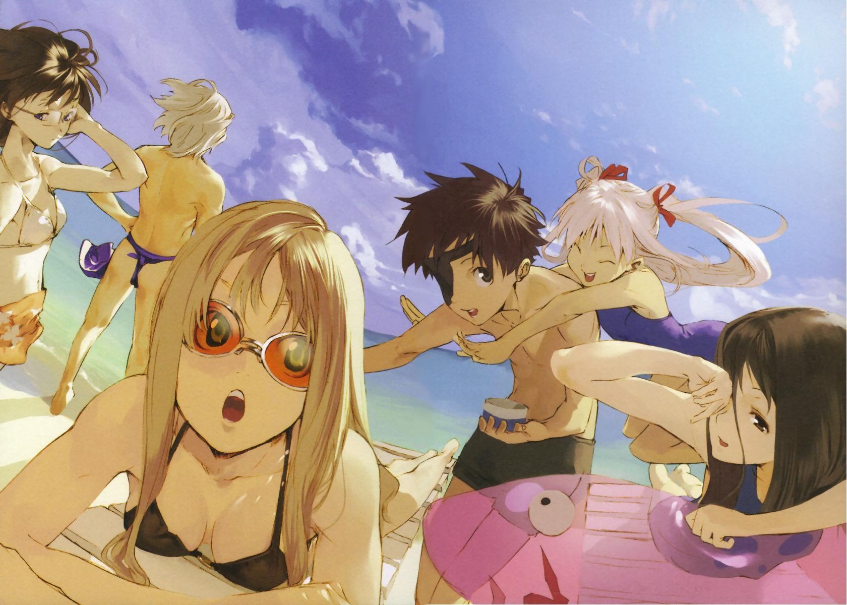 pako (pakosun), adilisia lenn mathers, honami takase ambler, iba itsuki, katsuragi mikan, kuroha manami, nekoyashiki ren, rental magica, highres, scan, 00s, 2boys, 4girls, beach, bikini, black hair, blonde hair, blue eyes, brown eyes, brown hair, day, everyone, glasses, multiple boys, multiple girls, one-piece swimsuit, orange-tinted eyewear, orange-tinted glasses, pink hair, school swimsuit, sunglasses, swimsuit, tinted eyewear, twintails, white hair