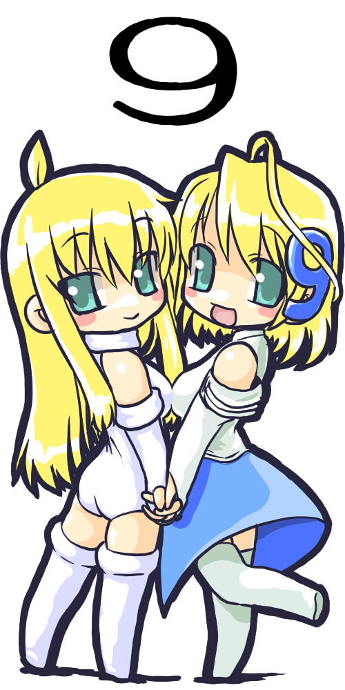 dd (ijigendd), os9, osx, apple inc., macintosh, os-tan, bad id, bad pixiv id, long image, tall image, 2girls, aqua eyes, blonde hair, breast press, breasts, chibi, elbow gloves, fingerless gloves, gloves, holding hands, large breasts, multiple girls, symmetrical docking, thighhighs, yuri