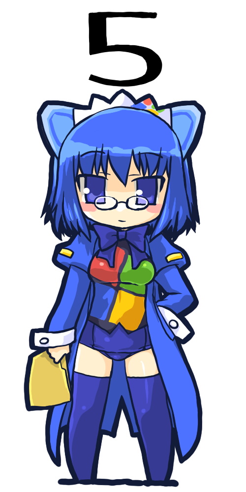 dd (ijigendd), 2k-tan, os-tan, eyebrows, bad id, bad pixiv id, long image, tall image, blue eyes, blue hair, blue thighhighs, blush, chibi, folder, glasses, holding, holding folder, robot ears, round eyewear, simple background, solo, thighhighs, white background