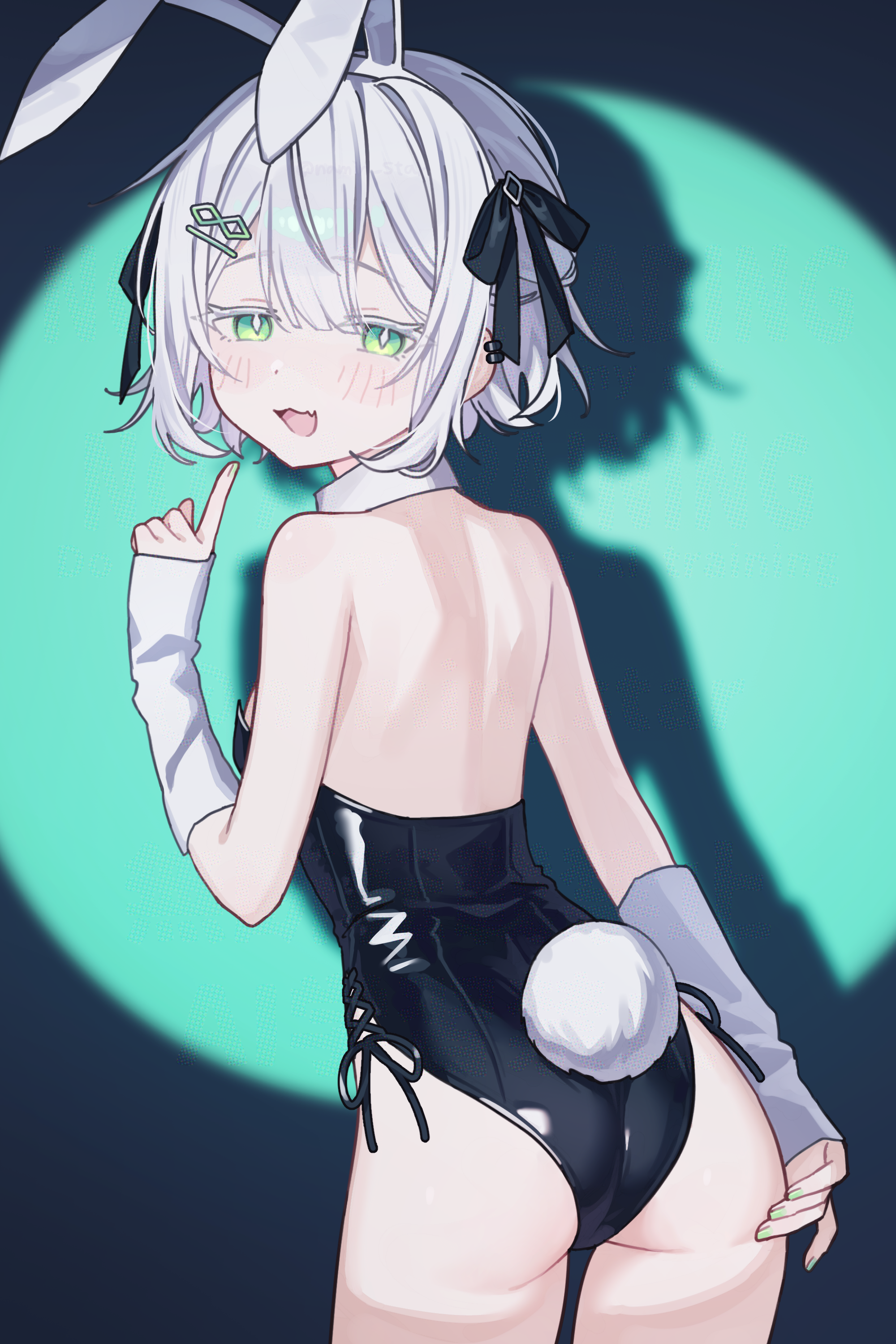 namin (anjpzaobmhbppxs), original, absurdres, commentary request, highres, 1girl, animal ears, ass, black leotard, black ribbon, collar, colored eyelashes, cowboy shot, detached collar, diamond-shaped pupils, diamond (shape), fake animal ears, fake tail, finger to mouth, from behind, green eyes, hair ornament, hair ribbon, hairclip, leotard, looking at viewer, playboy bunny, rabbit ears, rabbit tail, ribbon, short hair, solo, symbol-shaped pupils, tail, white arm warmers, white collar, white hair