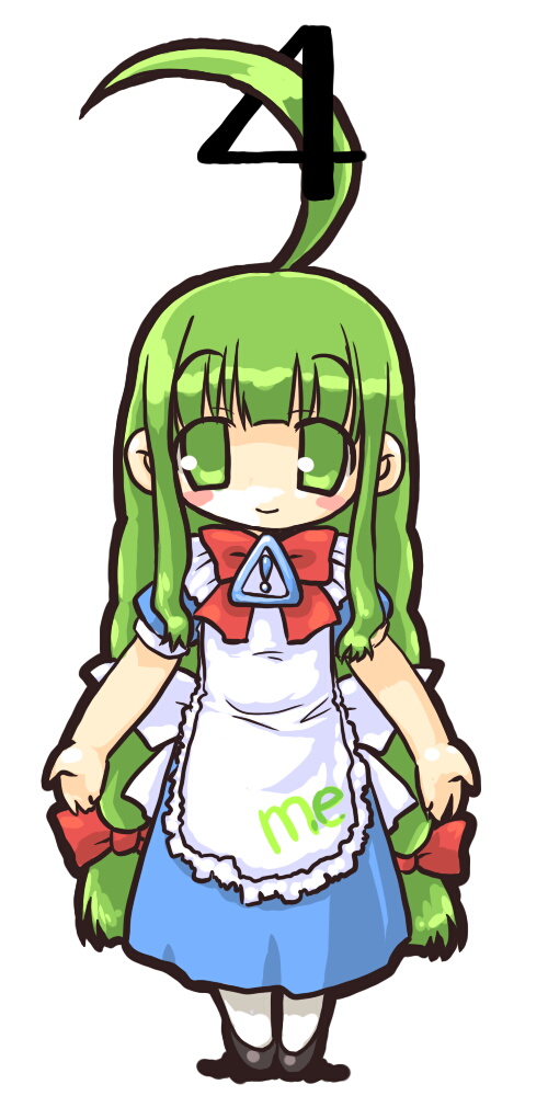 dd (ijigendd), me-tan, microsoft windows, os-tan, windows classic, windows me, bad id, bad pixiv id, long image, tall image, 1girl, ahoge, chibi, female focus, green eyes, green hair, hair ribbon, huge ahoge, long hair, matching hair/eyes, ribbon, smile, solo