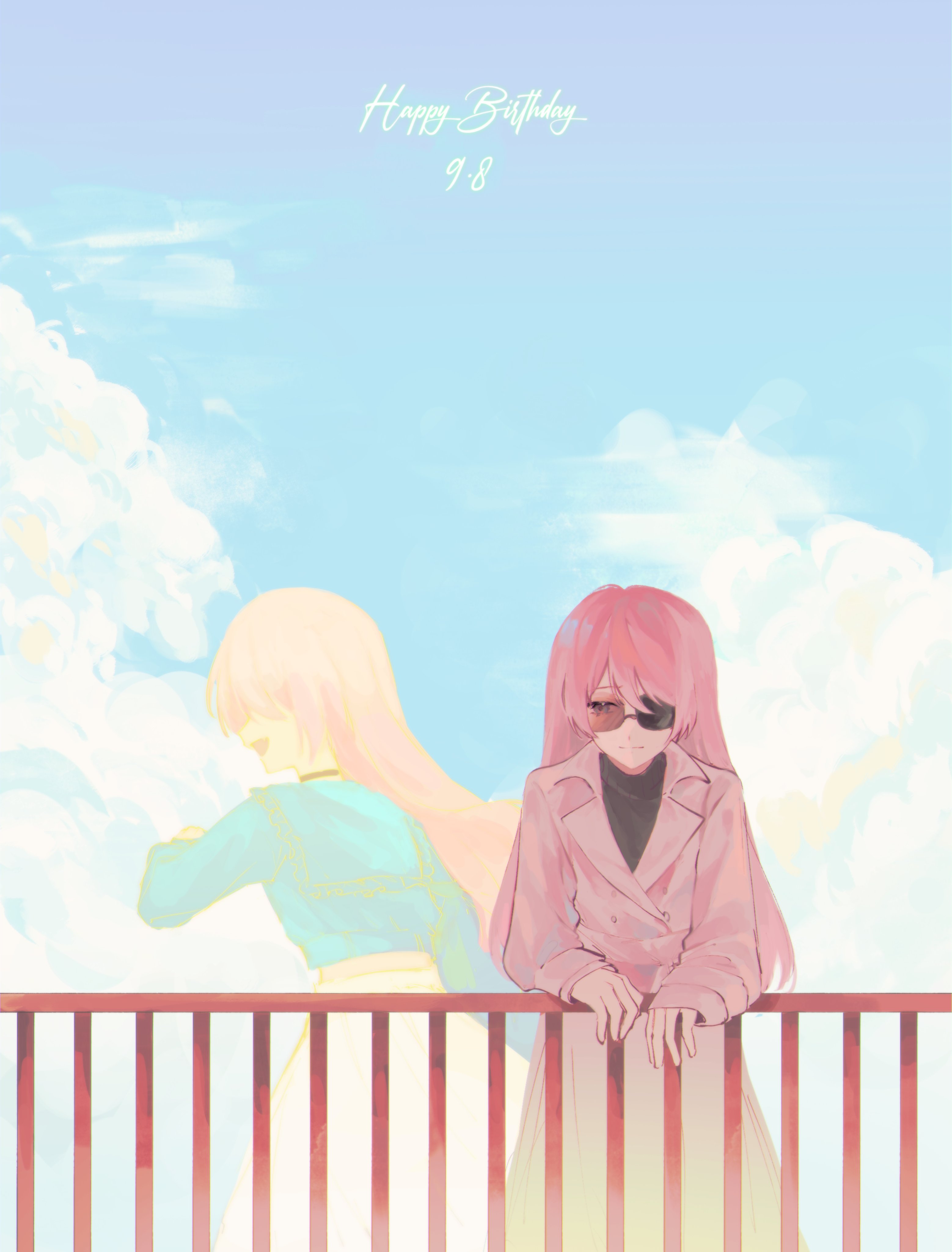 chihaya anon, bang dream!, bang dream! it's mygo!!!!!, absurdres, commentary, hashtag-only commentary, highres, 1girl, coat, dated, geosmichi77, happy birthday, long hair, long sleeves, pink hair, railing, solo, sunglasses, white coat