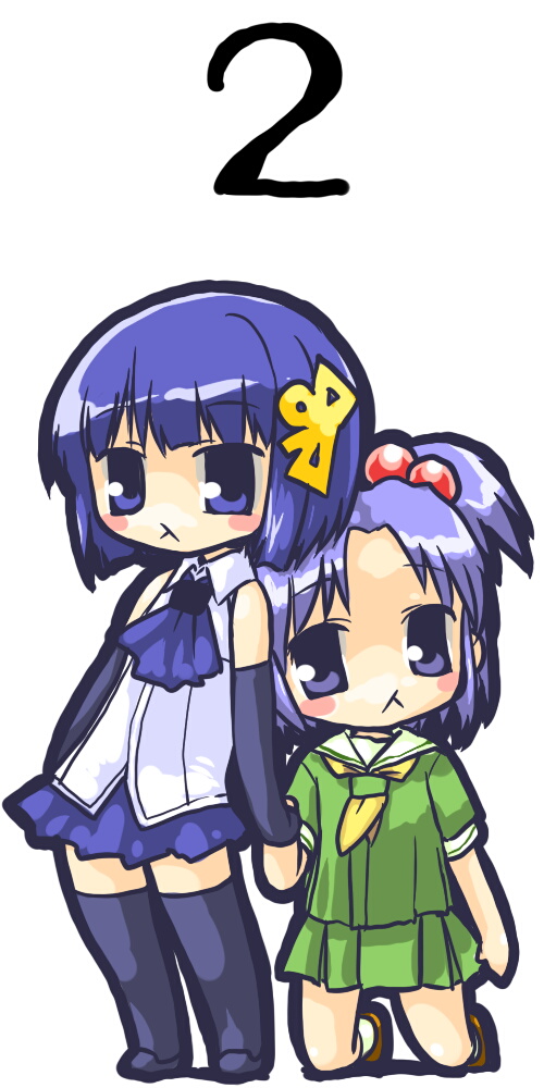 dd (ijigendd), 98-tan, 98se-tan, os-tan, bad id, bad pixiv id, long image, tall image, :<, blue eyes, blue hair, chibi, elbow gloves, gloves, holding hands, school uniform, serafuku, thighhighs