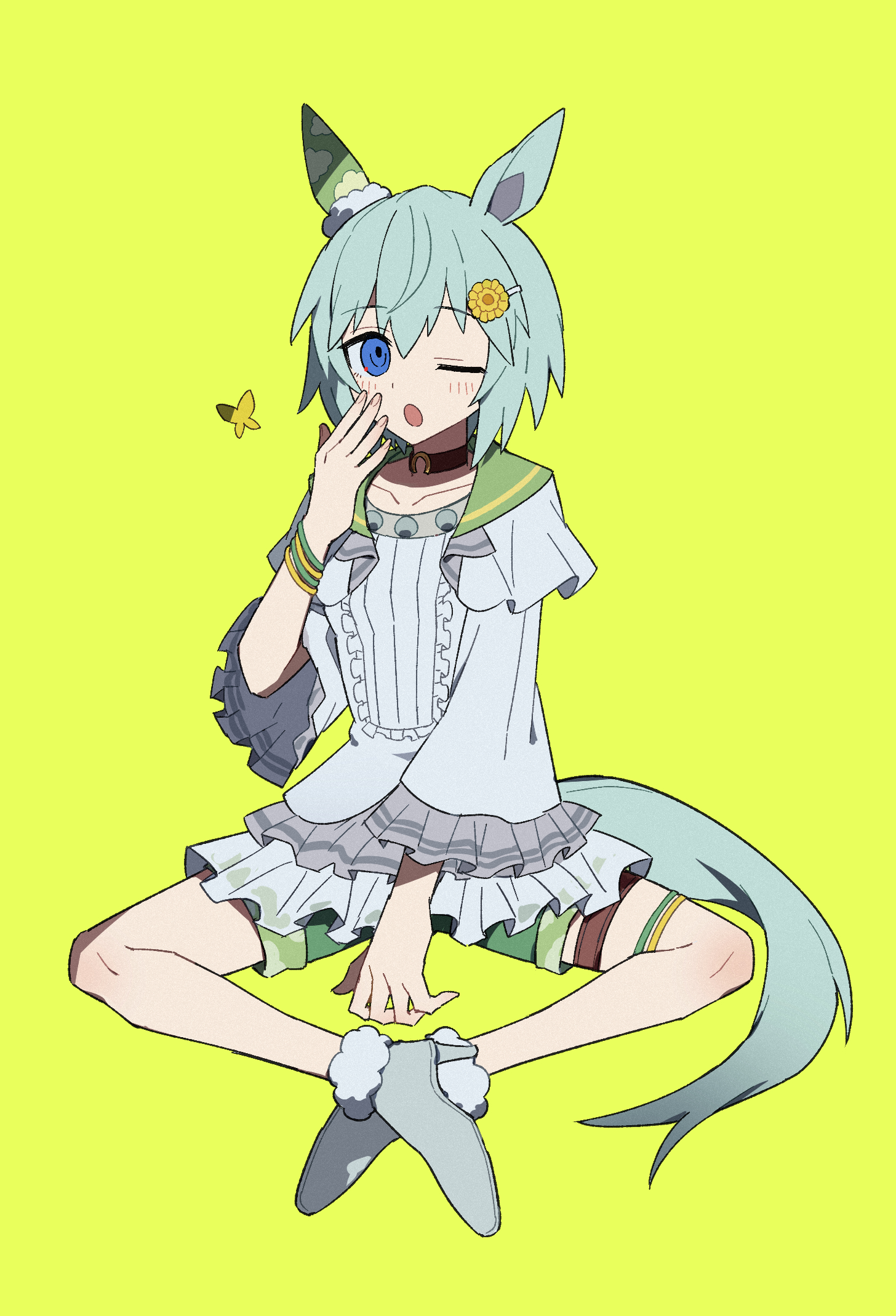 melvi0, seiun sky (umamusume), umamusume, highres, 1girl, animal ears, blouse, blue eyes, blush, brown choker, bug, butterfly, choker, ear covers, flower, green shorts, grey hair, hair between eyes, hair flower, hair ornament, hairclip, horse ears, horse girl, horse tail, insect, long sleeves, looking at viewer, one eye closed, open mouth, seiun sky (reeling in the big one) (umamusume), shirt, short hair, shorts, simple background, single ear cover, sunflower, sunflower hair ornament, tail, white shirt, yawning, yellow background