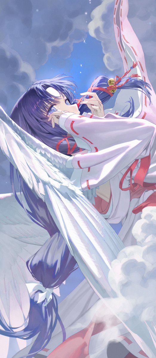 ppru, kannabi no mikoto, air (visual novel), hashtag-only commentary, 1girl, bell, blue eyes, blue hair, cloud, feathered wings, floating tears, hair bell, hair ornament, hair ribbon, japanese clothes, kimono, long hair, long sleeves, low ponytail, ponytail, red ribbon, ribbon, sky, solo, tress ribbon, very long hair, white wings, wide sleeves, wings