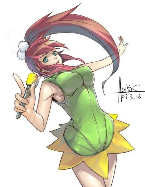 adiyos, tagme, blue eyes, brown hair, hair ornament, microphone, ponytail, solo