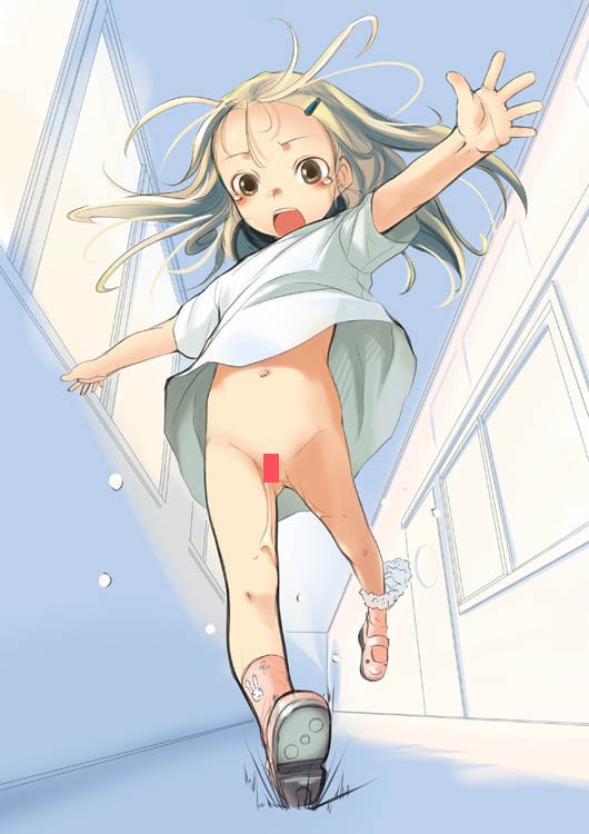 sody, original, 1girl, bottomless, brown eyes, censored, female focus, hair ornament, hairclip, have to pee, loli, long hair, panties, panties around leg, peeing, running, solo, tears, underwear, white panties