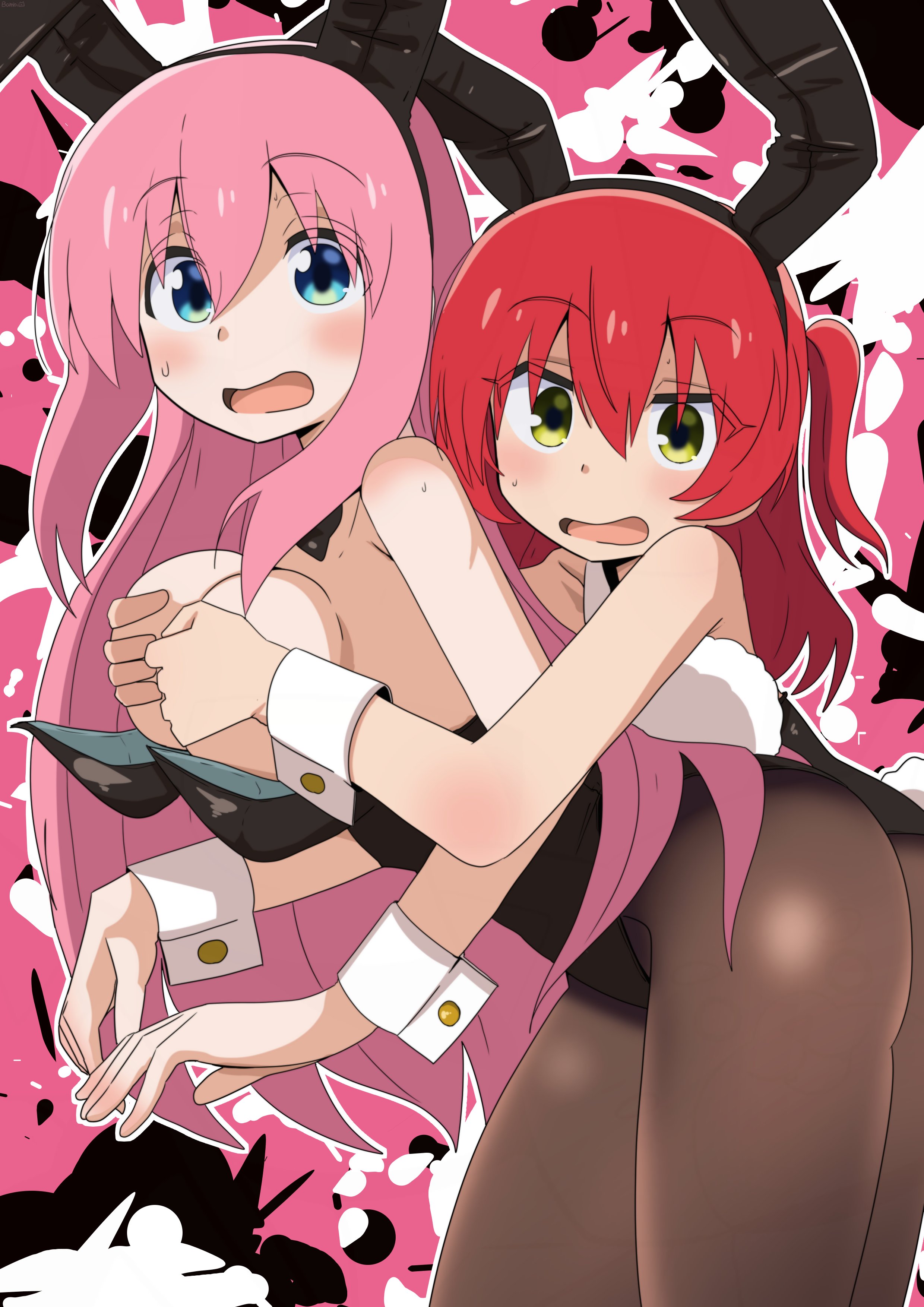 bambi2000line, gotoh hitori, kita ikuyo, bocchi the rock!, absurdres, highres, 2girls, black background, black bow, black bowtie, blue eyes, blush, bow, bowtie, caught, embarrassed, eyebrows hidden by hair, grabbing another's breast, groping, leotard, long hair, looking at viewer, multiple girls, pink background, pink hair, playboy bunny, red hair, splatter background, sweat, white background, yellow eyes, yuri