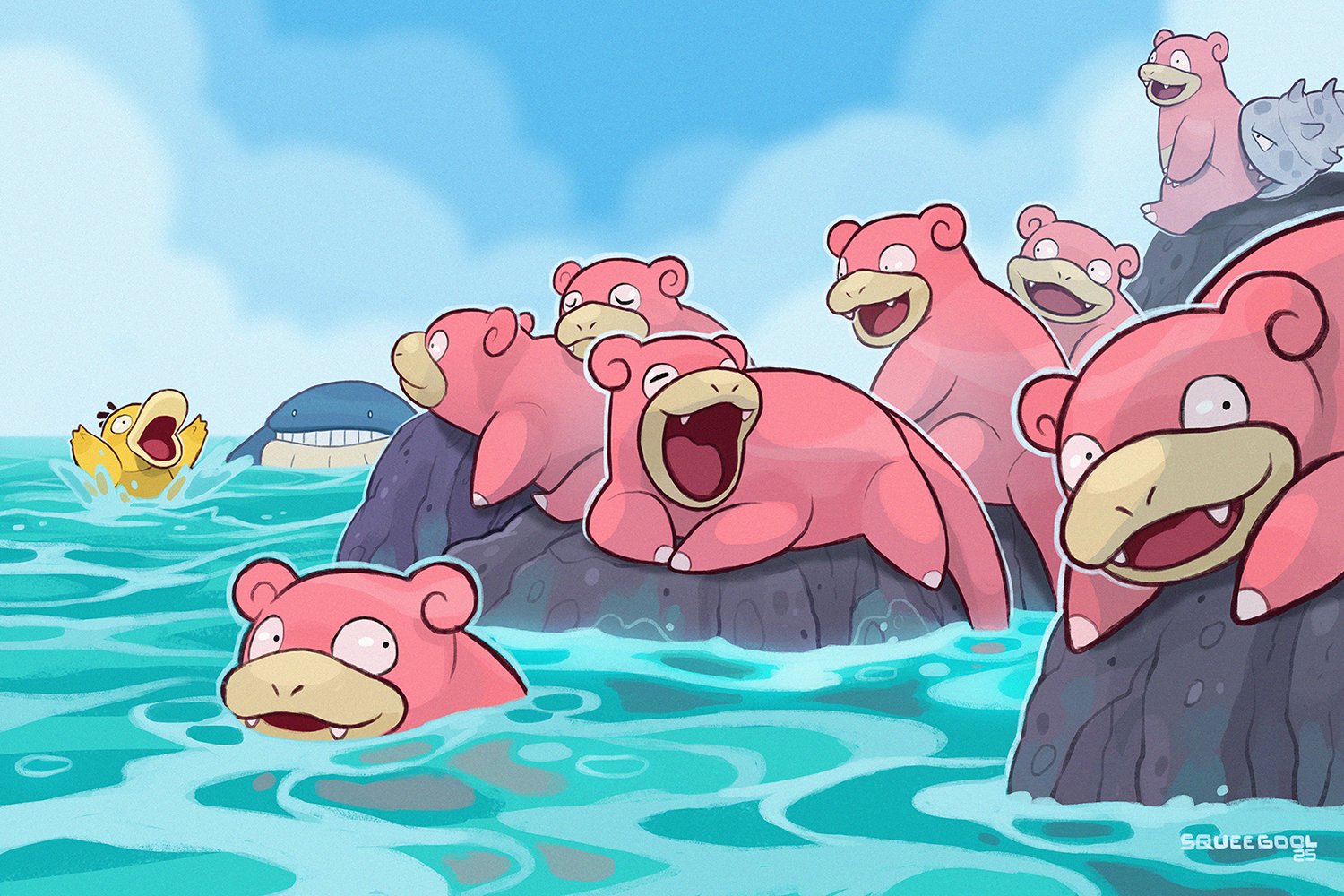 squeegool, psyduck, slowbro, slowpoke, nintendo, pokemon, animal focus, bird, blue sky, closed eyes, closed mouth, cloud, duck, fangs, gen 1 pokemon, no humans, ocean, open mouth, outdoors, pokemon (creature), pokemon focus, rock, sky, smile, tail, teeth, water, whale, yawning