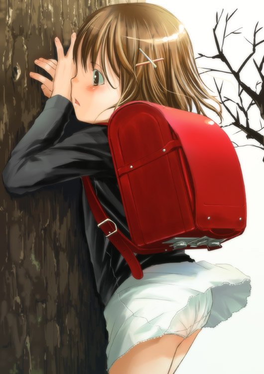 sody, original, 1girl, against tree, backpack, bag, blush, brown eyes, brown hair, clothes lift, female focus, hair ornament, hairclip, loli, outdoors, panties, randoseru, short hair, skirt, skirt lift, solo, tree, underwear, upskirt, white panties, wind, wind lift