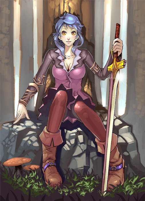 adiyos, 1girl, blue hair, boots, breasts, cleavage, female focus, large breasts, leggings, mushroom, panties, panties under pantyhose, pantyhose, red pantyhose, sitting, smile, solo, sword, underwear, weapon, yellow eyes