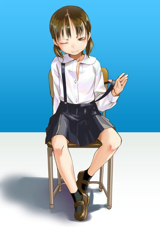 sody, original, commentary, 1girl, ;), artistic error, black skirt, black socks, blue background, blush, brown eyes, brown hair, brown shoes, chair, dress shirt, female focus, full body, holding strap, low twintails, mary janes, on chair, one eye closed, pleated skirt, school uniform, serafuku, shadow, shirt, shoes, short hair, short twintails, sitting, skirt, smile, socks, solo, strap slip, suspender skirt, suspenders, teasing, twintails, unbuttoned, undressing, white shirt, wink