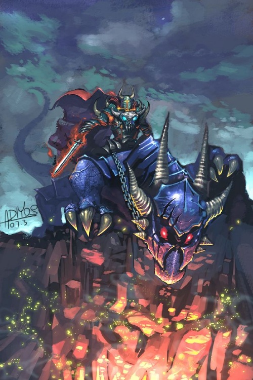 adiyos, armor, chain, claws, cloud, dragon, fire, glowing, glowing eyes, horns, red eyes, skull, sky, sword, weapon