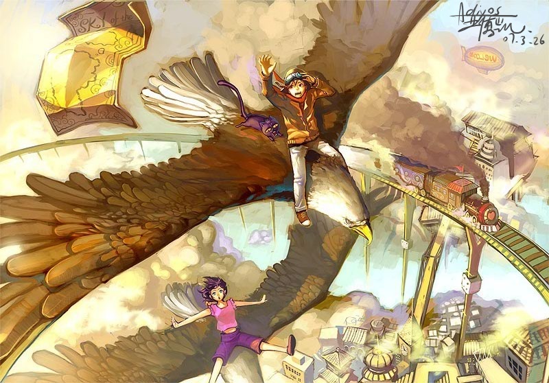 adiyos, 1boy, 1girl, aircraft, airship, bird, bridge, cat, city, cityscape, dirigible, eagle, flying, goggles, map, railroad tracks, rails, scenery, smoke, train, wind
