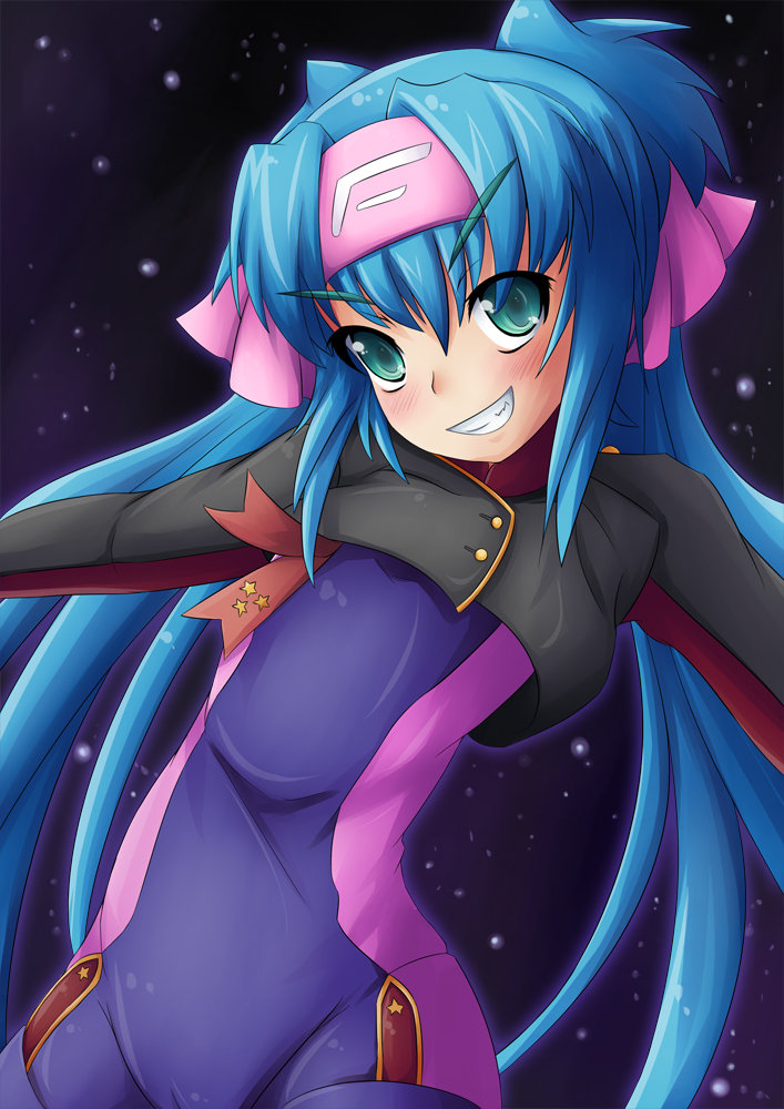 ast exception, fuyutsuki asuto, klan klein, meltrandi, zentradi, macross, macross frontier, 00s, 1girl, blue hair, blush, cameltoe, female focus, flat chest, green eyes, grin, headband, loli, long hair, smile, solo