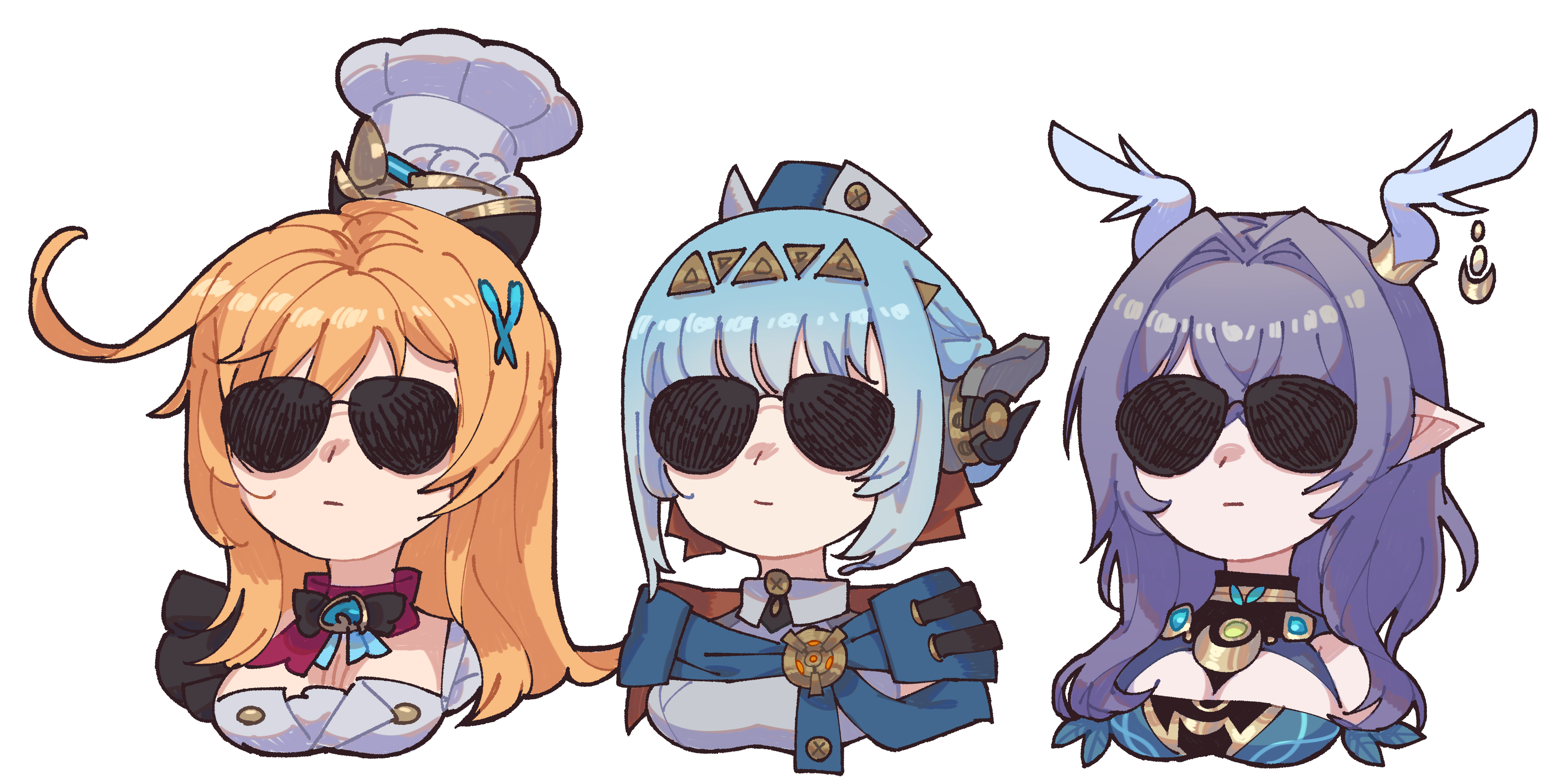 mona (monaka), escoffier (genshin impact), ineffa (genshin impact), lauma (genshin impact), genshin impact, absurdres, commentary request, highres, 3girls, :|, antler ornament, antlers, blue hair, braid, chef hat, chibi, chibi only, closed mouth, cowlick, cropped torso, deer antlers, hair intakes, hair ornament, hat, horns, jewelry, light smile, long hair, multiple girls, orange hair, pointy ears, purple hair, robot ears, short hair, simple background, sunglasses