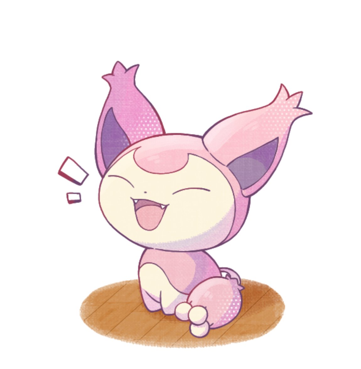 ama luna197, skitty, nintendo, pokemon, animal focus, cat, closed eyes, fangs, floor, gen 3 pokemon, indoors, no humans, open mouth, pokemon (creature), pokemon focus, simple background, sitting, smile, tail, wooden floor
