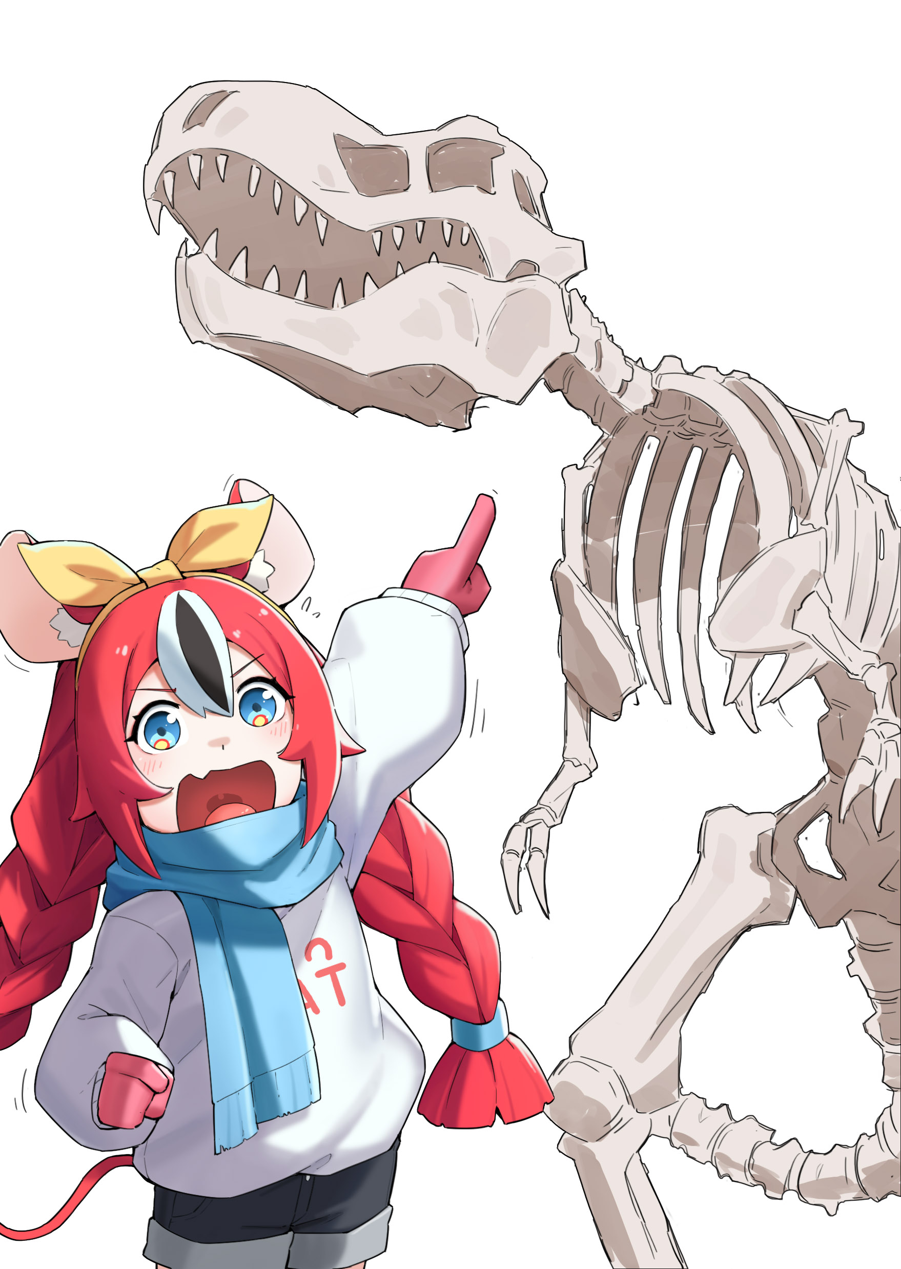 yubaest, hakos baelz, strawberry baelz, hololive, hololive english, absurdres, commentary, english commentary, highres, 1girl, animal ear fluff, animal ears, black hair, black shorts, blue eyes, blue scarf, braid, dinosaur skeleton, fang, gloves, hair between eyes, hairband, long hair, looking at viewer, mouse ears, mouse girl, mouse tail, multicolored hair, official alternate costume, official alternate hairstyle, open mouth, pointing, red gloves, red hair, scarf, shorts, simple background, solo, streaked hair, sweater, tail, twin braids, very long hair, virtual youtuber, white background, white hair, white sweater, yellow hairband