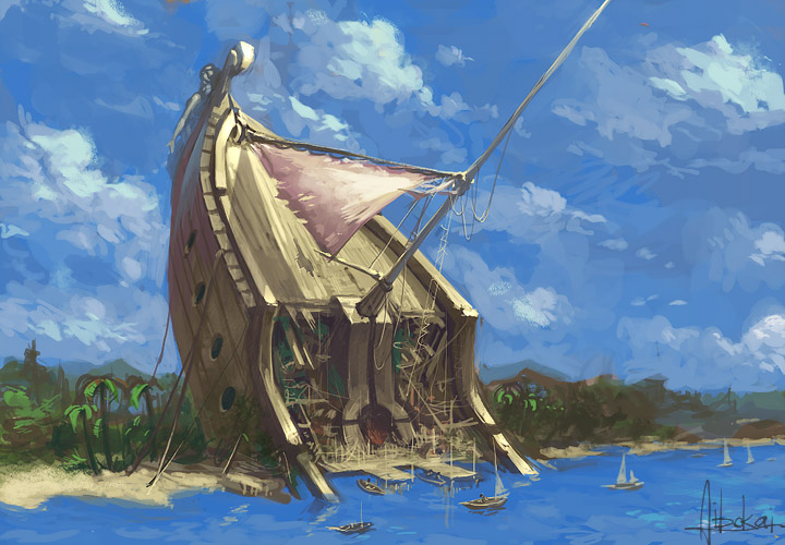 adiyos, bad id, bad weibo id, beach, blue sky, boat, cloud, day, dock, no humans, ocean, outdoors, palm tree, ruins, sail, scenery, ship, shipwreck, sky, tree, water, watercraft