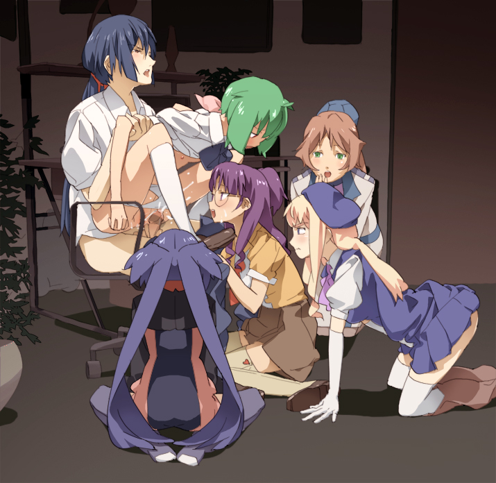 neemui, catherine glass, klan klein, matsuura nanase, ranka lee, saotome alto, sheryl nome, macross, macross frontier, bad id, bad pixiv id, 00s, 1boy, 5girls, blonde hair, blue hair, brown hair, censored, cum, glasses, green eyes, green hair, harem, lap sex, multiple girls, nipples, panties, penis, petite, pointy ears, purple hair, pussy, sex, thighhighs, twintails, underwear, watching