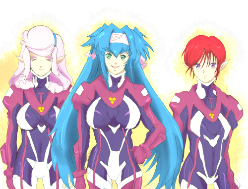 biruberu, klan klein, meltrandi, nene rora, raramia rerenia, zentradi, macross, macross frontier, pilot suit, lowres, 00s, 3girls, blue hair, bodysuit, closed eyes, green eyes, headband, long hair, multiple girls, pink hair, pointy ears, purple bodysuit, purple eyes, red hair, short hair, twintails, very long hair