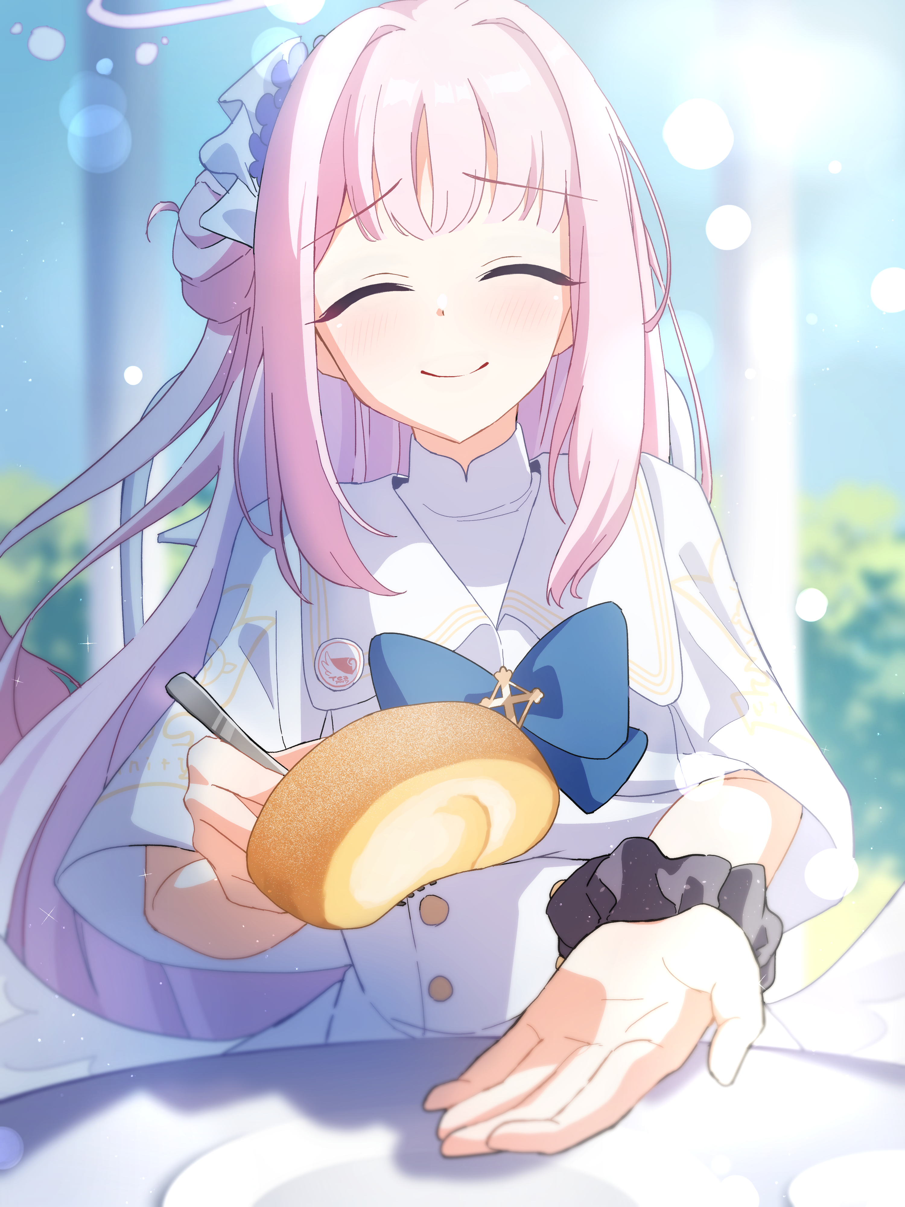 urauo oji, mika (blue archive), blue archive, absurdres, highres, 1girl, blue bow, blush, bow, breasts, buttons, cake, capelet, closed eyes, closed mouth, double-breasted, dress, feathered wings, feeding, flower, food, fork, hair bun, hair flower, hair ornament, halo, holding, holding fork, long hair, looking at viewer, low wings, medium breasts, pink hair, scrunchie, single hair bun, single side bun, smile, solo, swiss roll, very long hair, white capelet, white dress, white wings, wings, wrist scrunchie