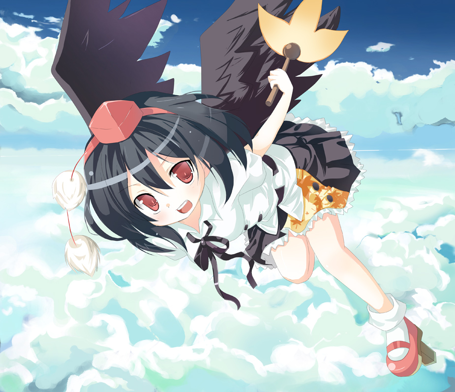 omiso, omiso (omiso), shameimaru aya, touhou, bad id, bad pixiv id, 1girl, black hair, black wings, cloud, day, female focus, flying, geta, hand fan, hat, looking at viewer, open mouth, red eyes, short hair, sky, smile, solo, tengu-geta, wings