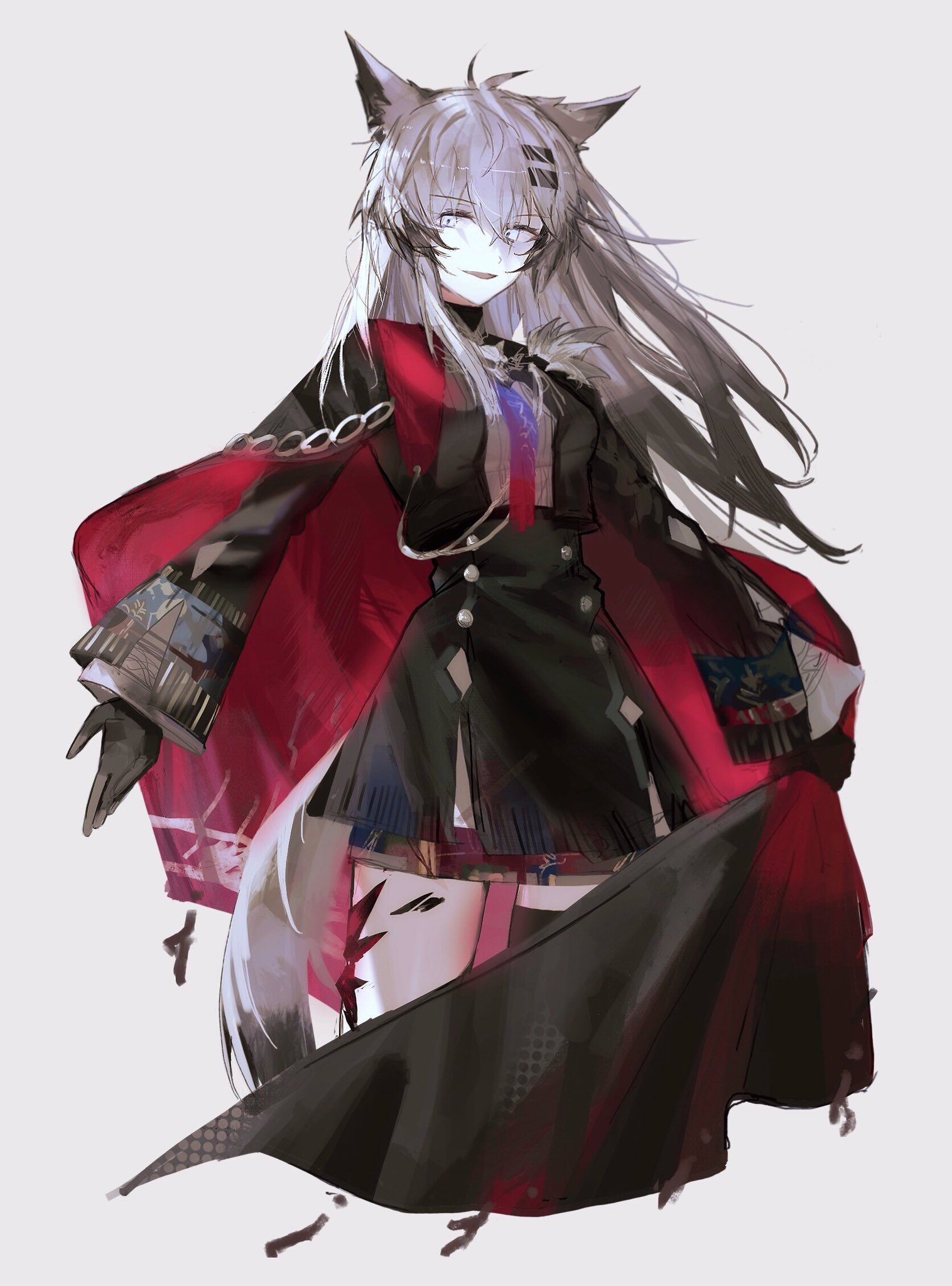 lappland (arknights), lappland the decadenza (arknights), arknights, commentary, highres, 1girl, aiguillette, animal ears, black cape, black gloves, black jacket, black skirt, black thighhighs, bolo tie, cape, cropped legs, gloves, grey background, grey hair, grey tail, hair between eyes, hair ornament, hairclip, high-waist skirt, hinanagimama1, jacket, long hair, long sleeves, material growth, open mouth, oripathy lesion (arknights), red cape, simple background, single thighhigh, sketch, skirt, solo, standing, tail, thighhighs, two-sided cape, two-sided fabric, white eyes, wolf ears, wolf girl, wolf tail