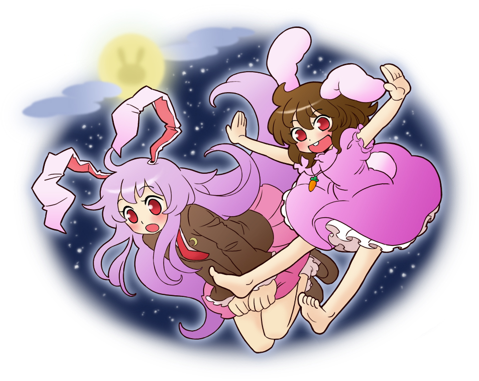 arata iri, inaba tewi, reisen udongein inaba, touhou, bad id, bad pixiv id, 2girls, animal ears, barefoot, black hair, feet, female focus, long hair, moon, multiple girls, outstretched arms, purple hair, rabbit ears, red eyes, short hair, spread arms