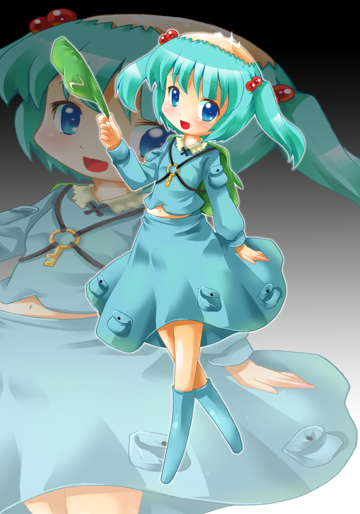 michii yuuki, kawashiro nitori, touhou, bad id, bad pixiv id, 1girl, aqua hair, backpack, bag, balding, blue eyes, child, female focus, hat, kappa, key, navel, randoseru, short hair, solo, twintails, two side up, zoom layer
