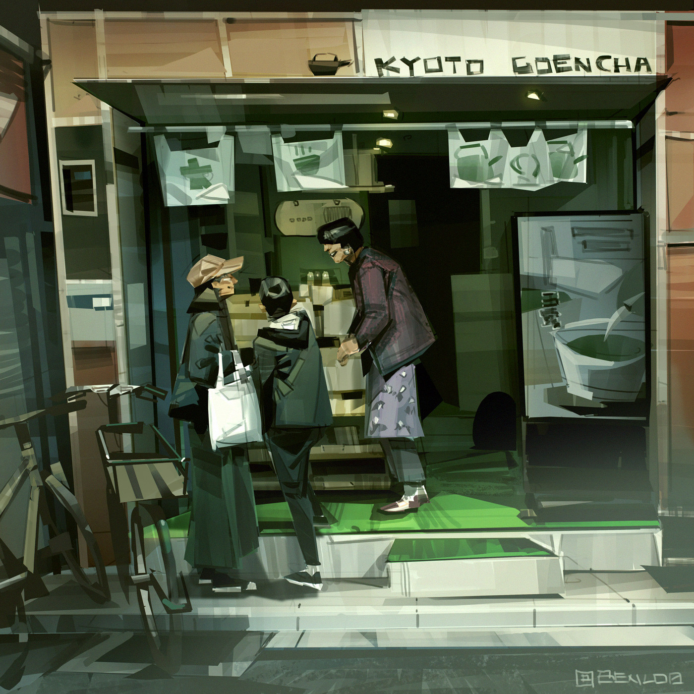 ben lo, original, highres, translation request, 1boy, 2girls, bag, bicycle, black coat, black hair, coat, full body, hat, hood, hood down, jacket, japan, leather, leather jacket, limited palette, multiple girls, painterly, road, shoes, shop, short hair, sign, slouching, smile, sneakers, stairs, standing, street, talking, tote bag