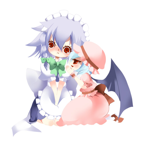 crxa, piyo (crxa), izayoi sakuya, remilia scarlet, embodiment of scarlet devil, touhou, silver hair, bad id, bad pixiv id, lowres, 2girls, bat wings, blue hair, braid, chibi, female focus, hat, maid, multiple girls, red eyes, ribbon, short hair, wings, wrist cuffs, wristband
