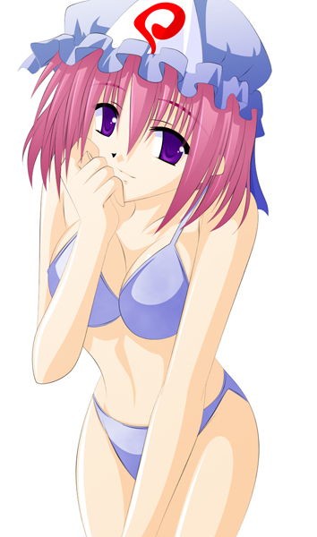 engo (aquawatery), saigyouji yuyuko, touhou, bad id, bad pixiv id, 1girl, bikini, breasts, female focus, hat, pink hair, purple bikini, purple eyes, short hair, simple background, solo, swimsuit, white background