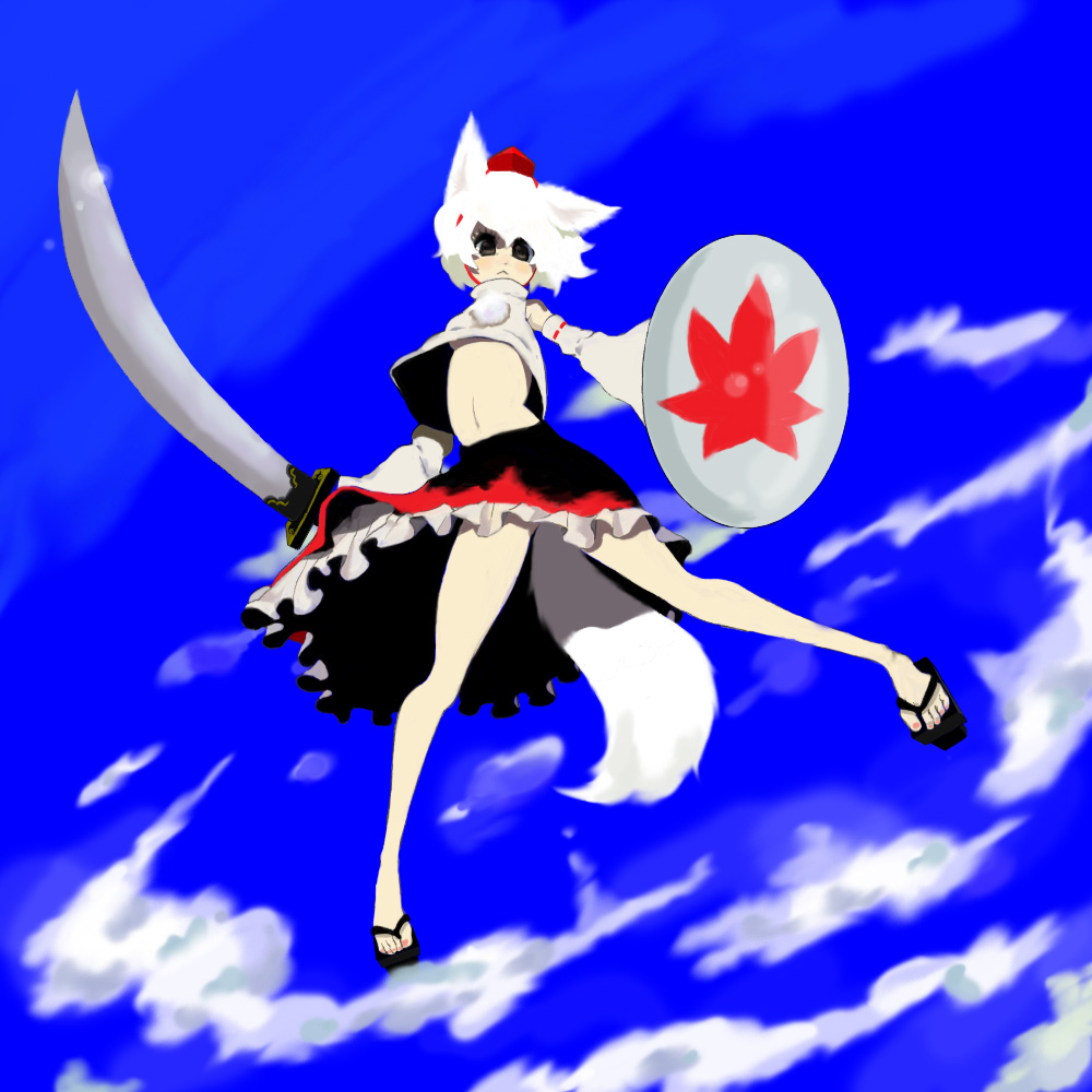 goruti, inubashiri momiji, touhou, bad id, bad pixiv id, 1girl, animal ears, female focus, flying, geta, hat, shield, short hair, solo, sword, tail, tengu-geta, upshirt, weapon, white hair, wolf ears, wolf tail