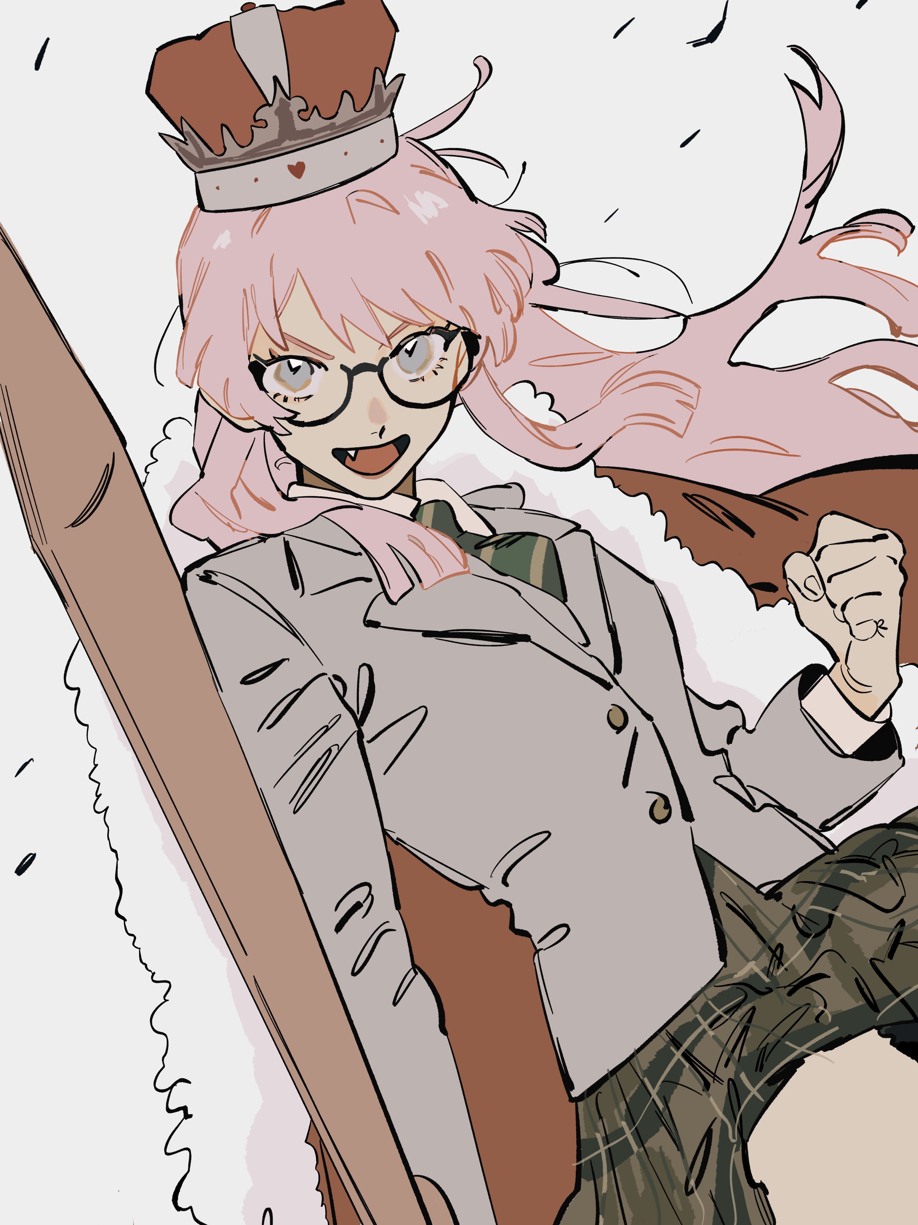 akmizuk, chihaya anon, bang dream!, bang dream! it's mygo!!!!!, absurdres, commentary, commission, english commentary, highres, second-party source, 1girl, cardboard sword, crown, diagonal-striped clothes, diagonal-striped necktie, fang, glasses, green necktie, green skirt, grey eyes, grey jacket, haneoka school uniform, holding, holding sword, holding weapon, jacket, long hair, necktie, open mouth, pink hair, plaid clothes, plaid skirt, pleated skirt, school uniform, skirt, solo, striped clothes, sword, weapon