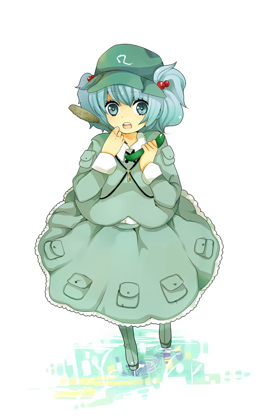macino, kawashiro nitori, touhou, 1girl, bag, blue eyes, blue hair, cattail, cucumber, female focus, hair bobbles, hair ornament, hat, key, matching hair/eyes, plant, short hair, solo, two side up