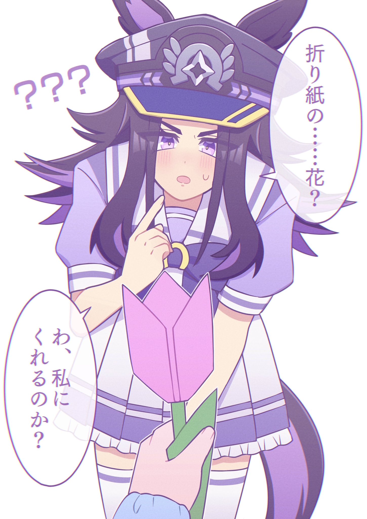 w3n6e, fenomeno (umamusume), umamusume, highres, translation request, 1girl, 1other, animal ears, black hair, blush, bow, ears through headwear, flipped hair, flower, hat, holding, horse ears, horse girl, horse tail, horseshoe hat ornament, horseshoe ornament, long hair, looking at viewer, multicolored hair, open mouth, origami, peaked cap, puffy short sleeves, puffy sleeves, purple bow, purple eyes, purple hair, purple sailor collar, purple serafuku, purple shirt, purple skirt, sailor collar, sailor shirt, school uniform, serafuku, shirt, short sleeves, simple background, skirt, speech bubble, sweatdrop, tail, thighhighs, tracen school uniform, white background, white sailor collar, white skirt, white thighhighs