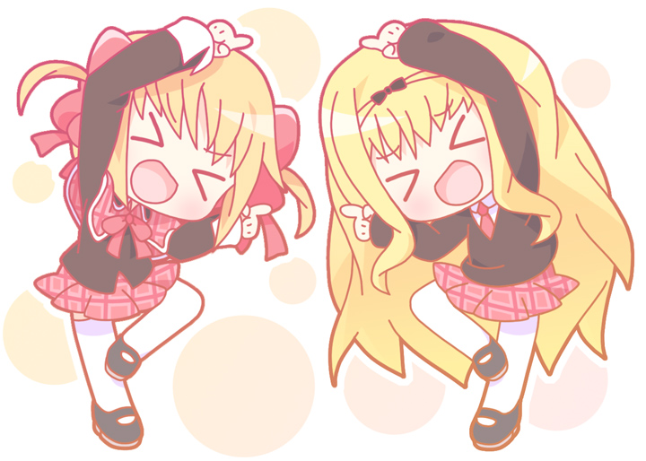 mirai (sugar), mashiro rima, yuiki yaya, shugo chara!, > <, 2girls, bala balance, chibi, child, closed eyes, fusion dance, multiple girls, pantyhose, parody, thighhighs, white pantyhose