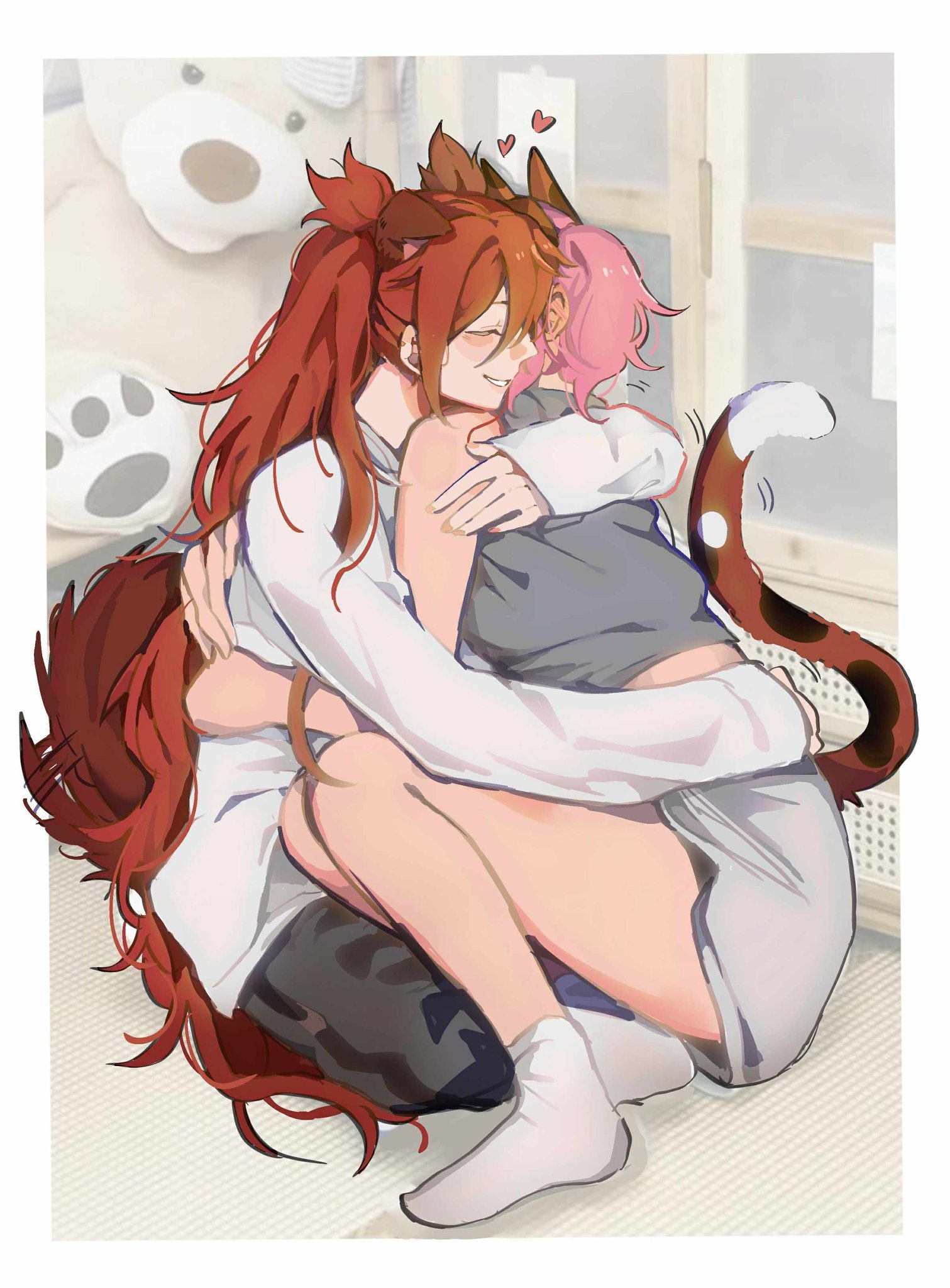 kid sppinarl, jinx (league of legends), lux (league of legends), star guardian (league of legends), star guardian jinx, star guardian lux, league of legends, commentary, highres, symbol-only commentary, 2girls, animal ears, cat ears, cat girl, cat tail, dog ears, dog girl, dog tail, grey shirt, grey shorts, hug, kemonomimi mode, long hair, long sleeves, multicolored hair, multiple girls, no shoes, pink hair, red hair, shirt, short twintails, shorts, sleeves past wrists, socks, tail, twintails, two-tone hair, white shirt, white socks, yuri