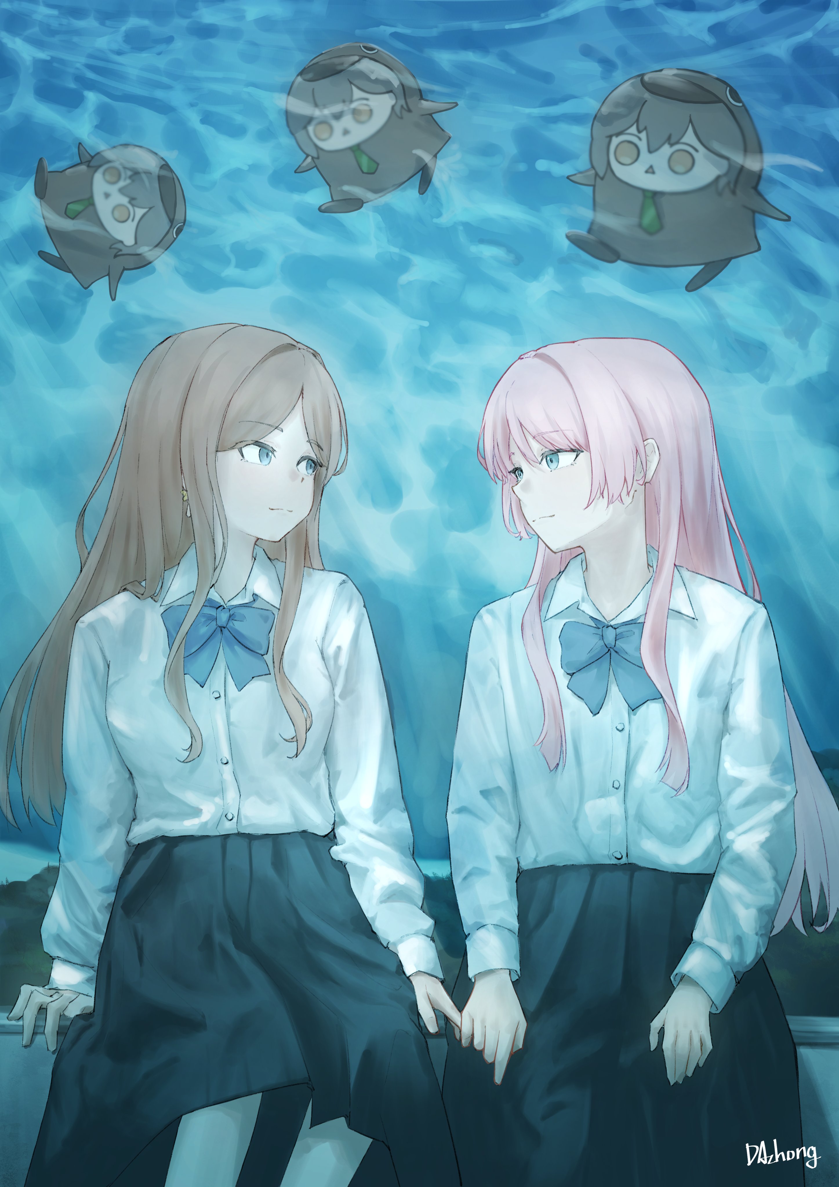 dazhong (dazhong02312), chihaya anon, nagasaki soyo, bang dream!, bang dream! it's mygo!!!!!, absurdres, chinese commentary, commentary request, highres, 2girls, aquarium, black skirt, blue bow, blue bowtie, blue eyes, bow, bowtie, brown hair, closed mouth, dress shirt, long hair, long sleeves, multiple girls, pink hair, school uniform, shirt, skirt, tomorin (penguin), white shirt, xpark, yuri