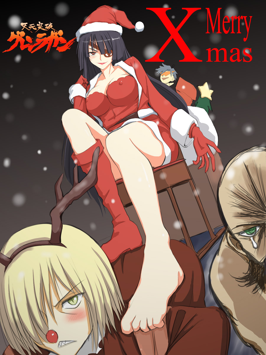 niwatori kokezou, adiane, kamina (ttgl), lordgenome, viral (ttgl), tengen toppa gurren lagann, highres, 00s, 1girl, 2boys, animal costume, bad anatomy, bad feet, bald, barefoot, black hair, breasts, character doll, christmas, covered erect nipples, doll, dress, eyepatch, feet, femdom, gloves, hat, large breasts, lipstick, long hair, makeup, multiple boys, poorly drawn, red gloves, reindeer costume, santa costume, santa hat, shoes, single shoe, spiral king