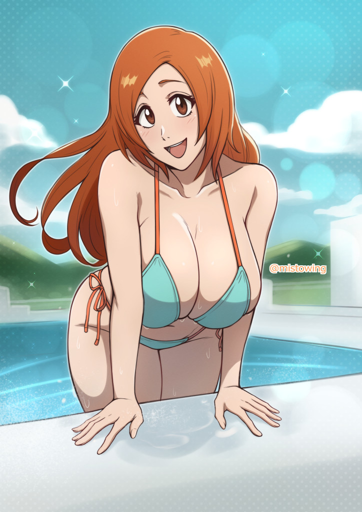 mistowing, inoue orihime, bleach, bleach: sennen kessen-hen, highres, 1girl, artist name, bare shoulders, bikini, breasts, brown eyes, collarbone, female focus, happy, large breasts, legs together, light blush, long hair, looking at viewer, open mouth, orange hair, poolside, sunlight, swimsuit, thighs, water, wet