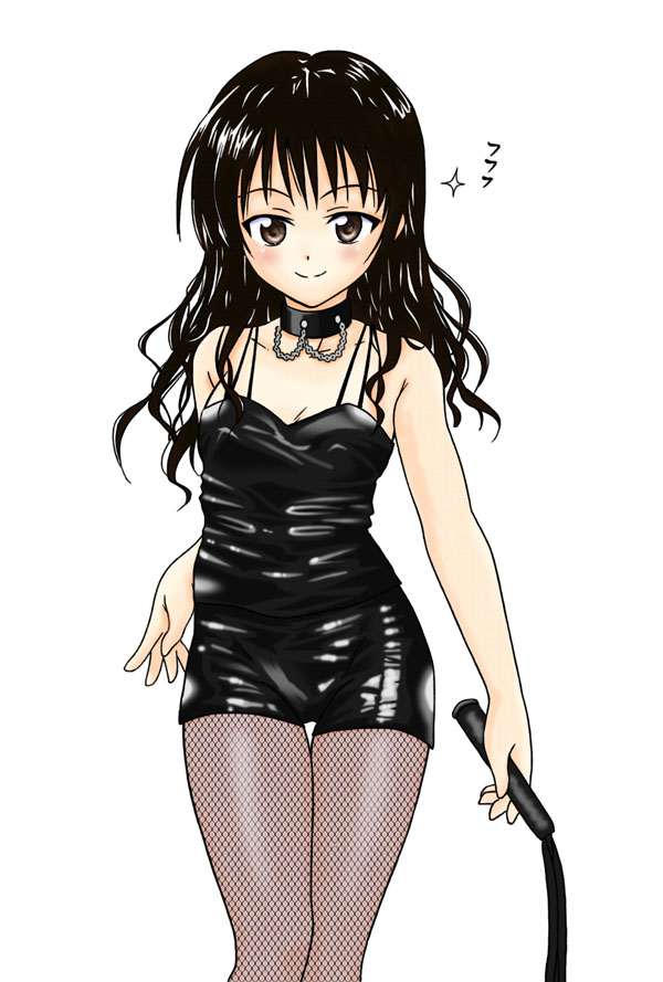 yuuki mikan, to love-ru, 00s, 1girl, black hair, brown eyes, choker, collar, female focus, fishnet pantyhose, fishnets, pantyhose, solo, whip