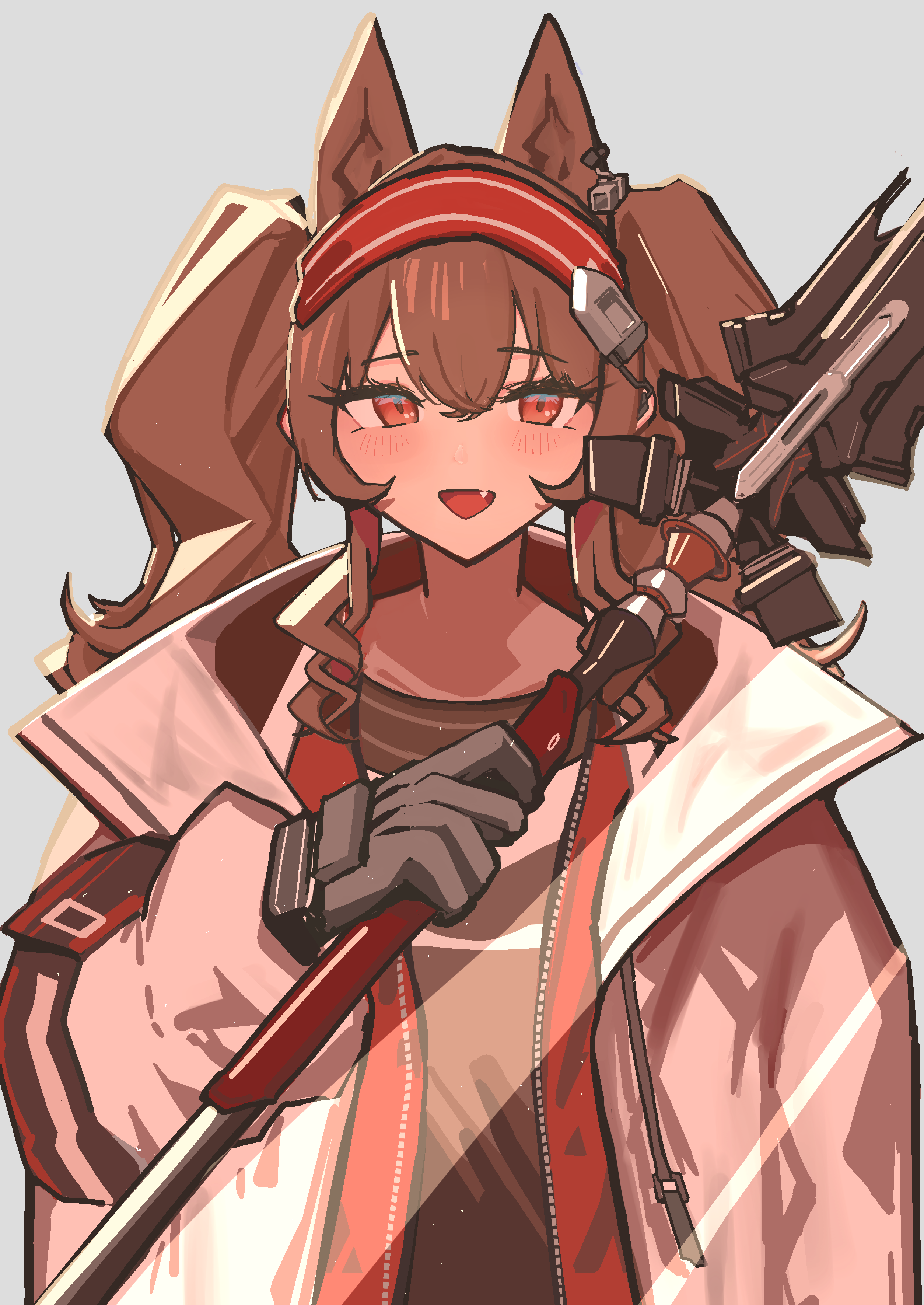 360 (taiyo360), angelina (arknights), arknights, absurdres, highres, 1girl, :d, animal ears, black gloves, black shirt, blush, brown hair, coat, dot nose, earpiece, extra ears, fang, fox ears, fox girl, gloves, hair between eyes, hairband, holding, holding staff, jacket, long hair, looking at viewer, open clothes, open coat, open jacket, open mouth, red eyes, red hairband, red jacket, shirt, simple background, smile, solo, staff, striped clothes, striped hairband, twintails, unzipped, upper body, white background, white coat