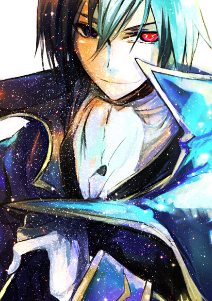mooche, lelouch vi britannia, zero (code geass), code geass, bad id, bad pixiv id, >:), 00s, 1boy, cape, evil smile, geass, gloves, heterochromia, male focus, purple eyes, red eyes, smile, solo, v-shaped eyebrows, white gloves