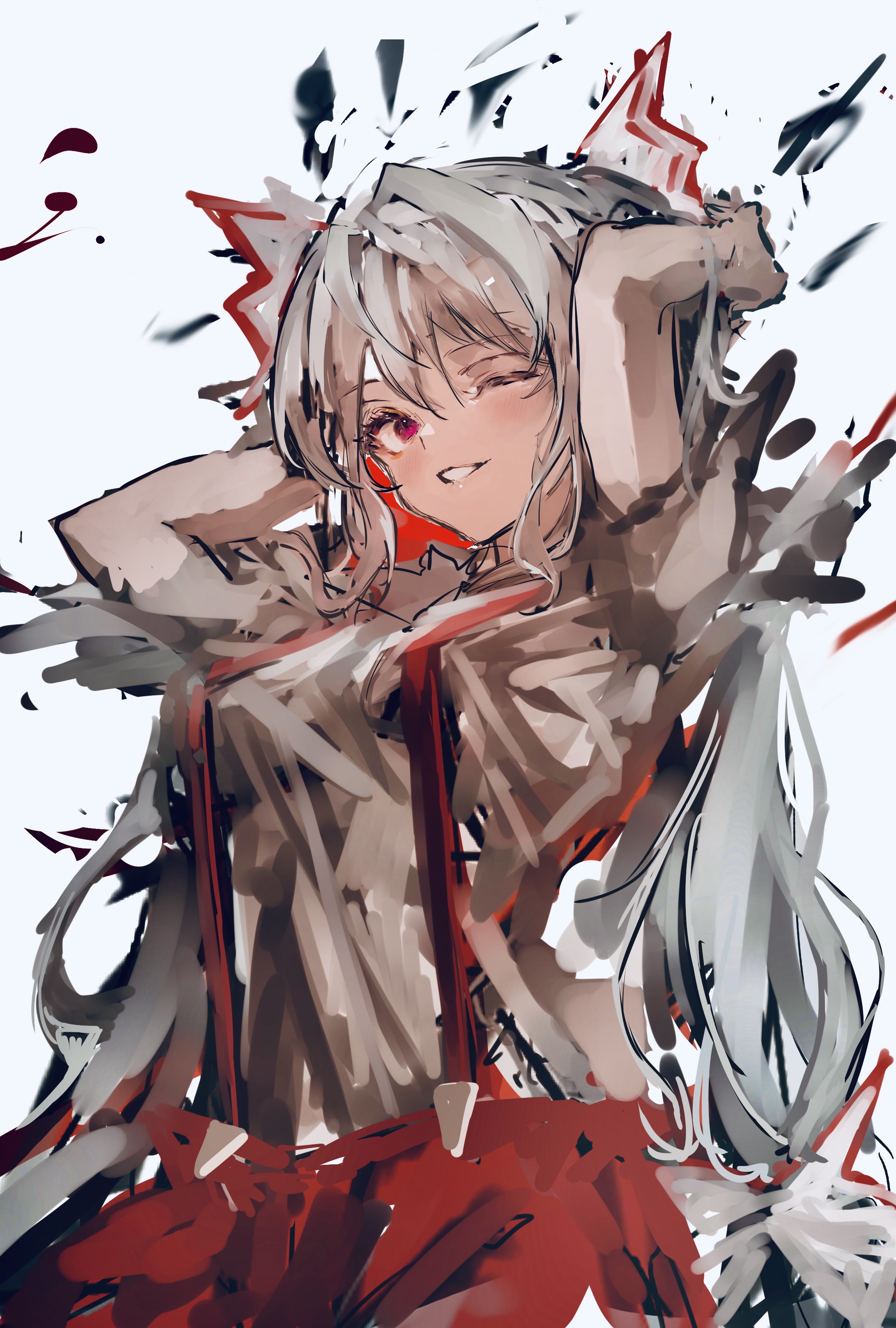 po (anhk5528), fujiwara no mokou, touhou, absurdres, highres, 1girl, blue background, bow, breasts, hair bow, hair ribbon, hands in own hair, long hair, medium breasts, one eye closed, pants, red eyes, red pants, ribbon, shirt, short sleeves, smile, solo, teeth, very long hair, white hair, white shirt